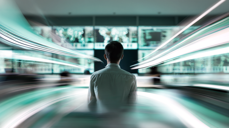 A person facing a rapidly evolving digital environment, symbolizing shadow AI risks and governance challenges