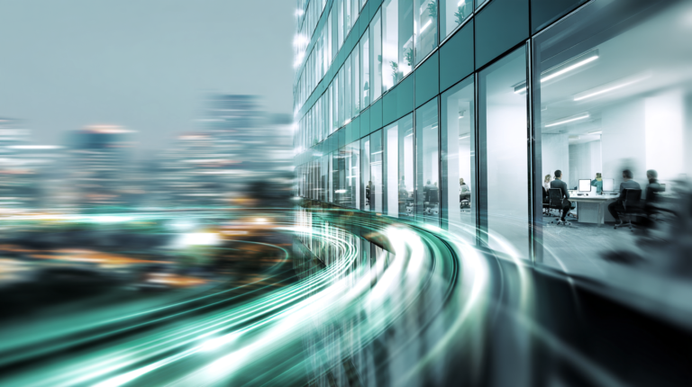 AI data governance in India: Modern office building with digital light trails representing secure data management, AI governance, and regulatory compliance.