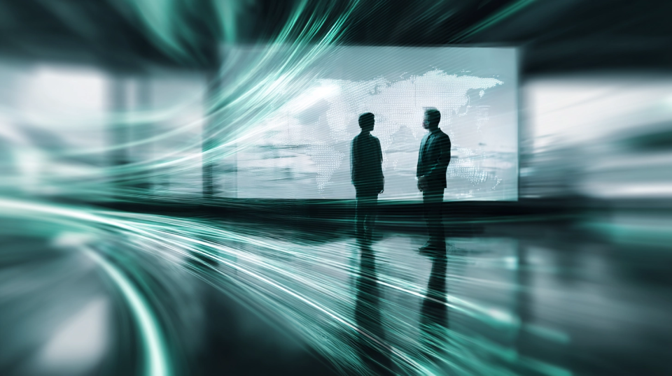 Two professionals standing and discussing cybersecurity challenges and ways to mitigate them in a futuristic digital environment with flowing data streams and a world map display in the background, representing advanced cybersecurity operations and AI-driven SOC analysis.