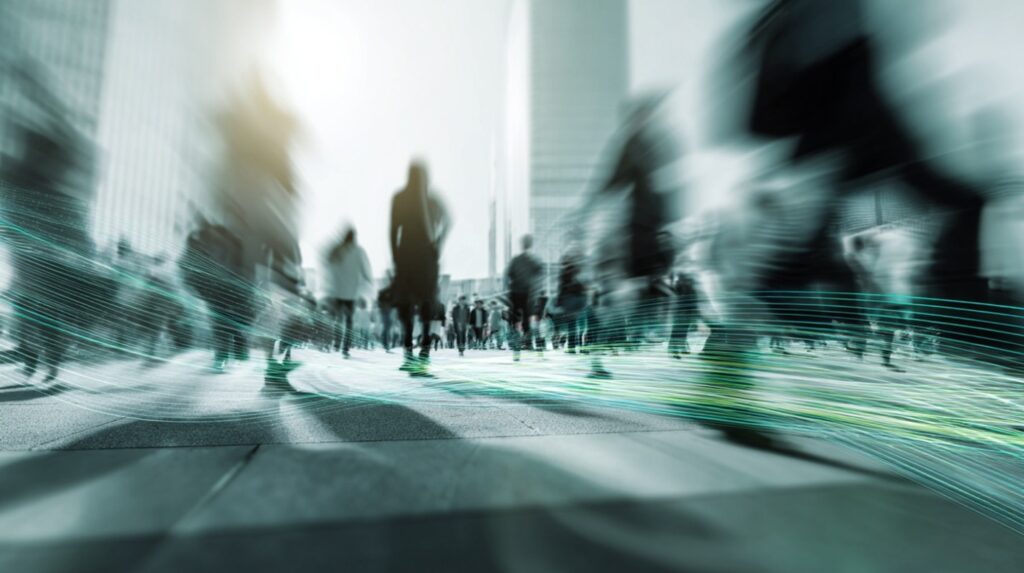 The image shows blurred city pedestrians with digital data lines, representing accelerated incident response, reduced MTTR, real-time threat detection, and AI-powered intelligent security operations.