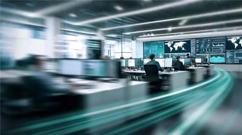 A picture of security operation center where workers are engaged in proactive detection of cyberthreats.
