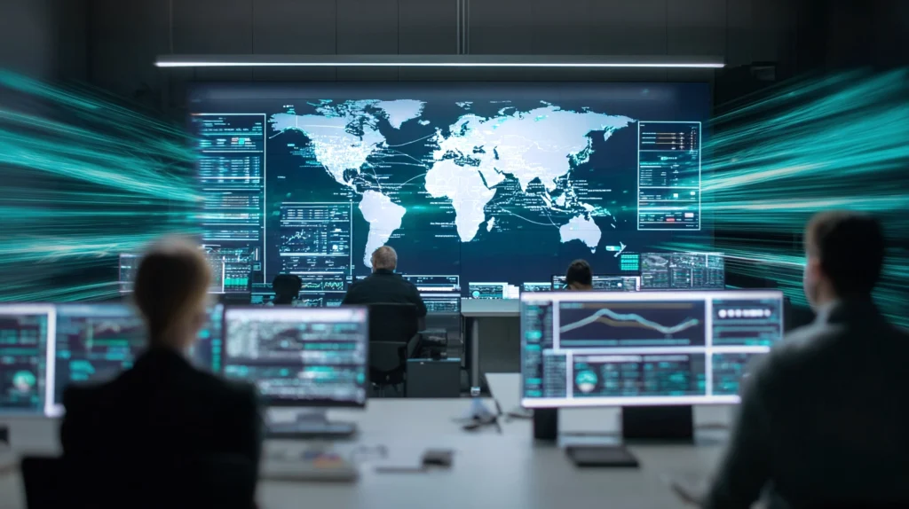 AI SOC agents monitoring global cyber threats with real-time MITRE ATT&CK mapping, threat validation, and agentic AI SOC analytics in a modern security operations center.