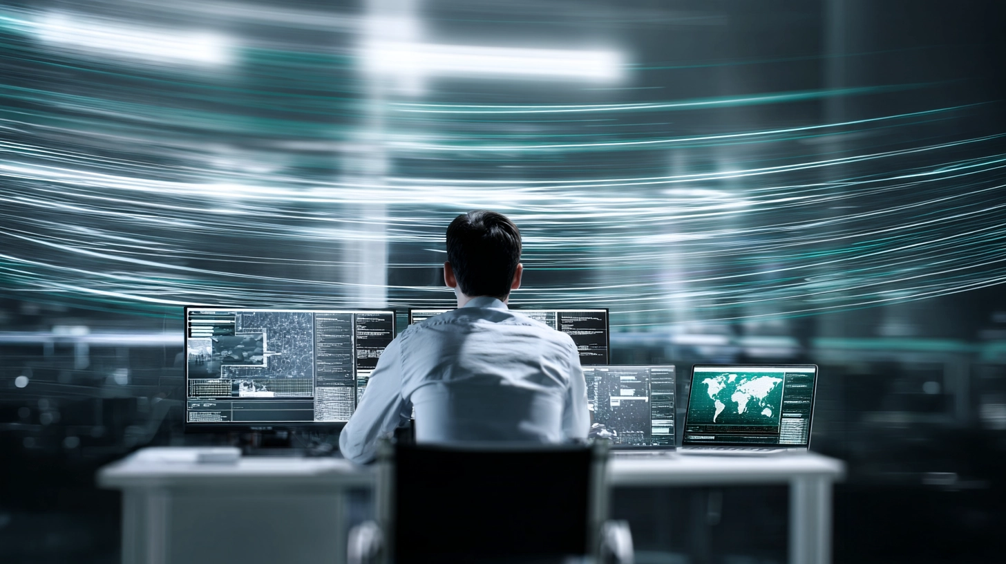 Digital forensics analyst investigating cyber incident evidence across network, cloud, and endpoint systems using multiple security monitoring screens.