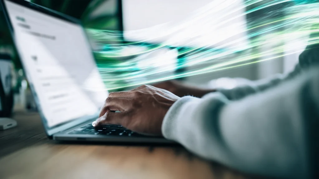 A person typing on a laptop with green digital light trails, representing enterprise AI agent security, identity management, and access controls